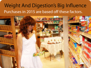 Woman in store; opens to article on weight and digestion's influence on purchases.