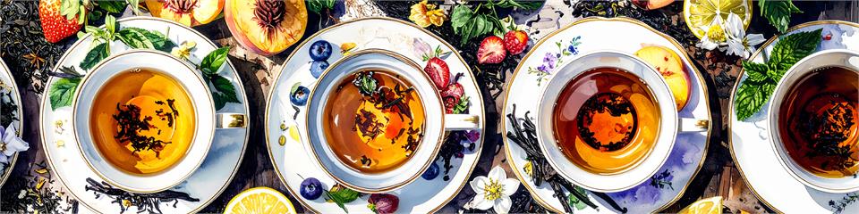 Assorted cups of tea with fruits and flowers on a decorative table setting.