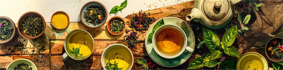 Tea-making setup with cups, teapot, and tea leaves on a wooden surface.