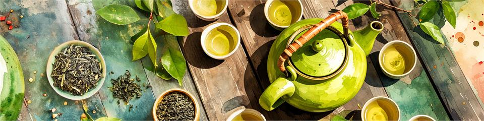 Green teapot and cups on a wooden surface with tea leaves and bowls.
