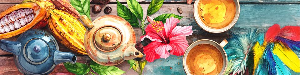 Tea-making setup with teapot, cups, and flowers on a colorful background