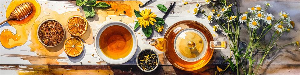 Tea-making setup with tea leaves, teacup, and flowers on a wooden surface.