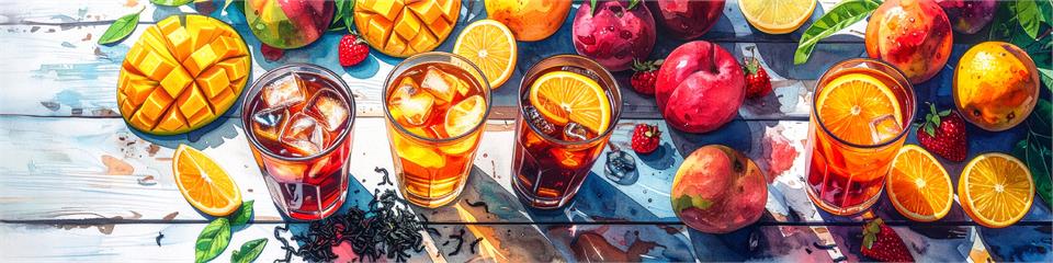 Four glasses of iced tea with fruits and oranges on a wooden surface.