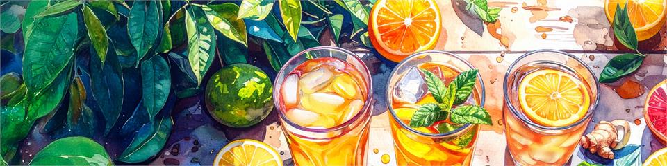 Three glasses of iced drinks with fruits and leaves on a colorful background