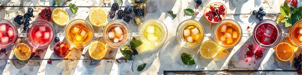 Assorted glasses of colorful drinks with fruits and garnishes on a wooden surface