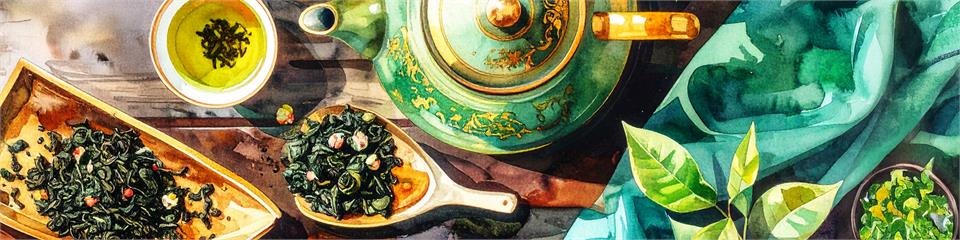Tea leaves, teapot, and cup on a wooden surface with a green cloth.