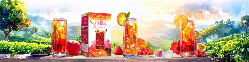 Tea packaging with glasses of iced tea and fruits against a scenic background