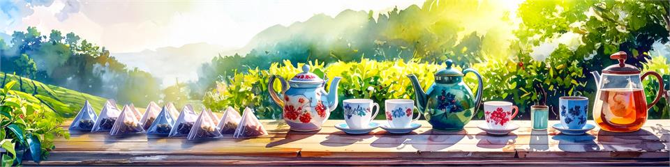 Pyramid tea bag set on a wooden table with a scenic background of greenery and sunlight.