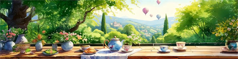 Scenic view with a wooden table, teacups, and hot air balloons in the background.