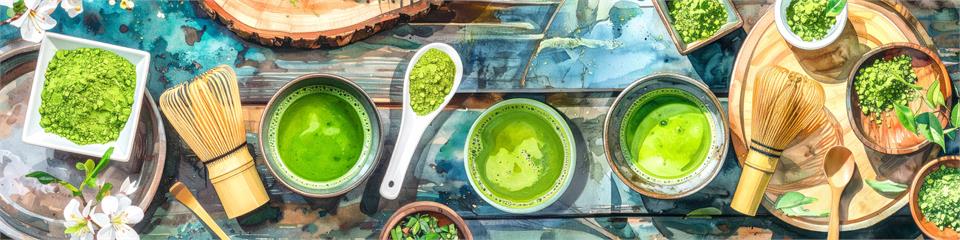 Assorted matcha green tea products including bowls, a whisk, and a scoop on a wooden surface.