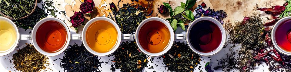 Six cups of different colored teas with loose tea leaves on a textured surface.