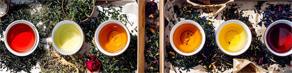 Six cups of tea with different colored tea on a leafy background