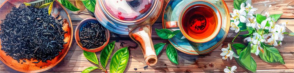 Tea-making setup with a teapot, cups, and tea leaves on a wooden surface.