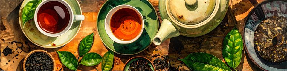 Tea set with cups, teapot, and tea leaves on a wooden surface