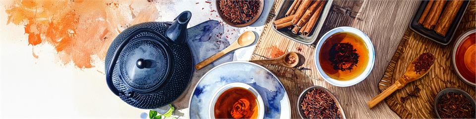 Tea-making setup with teapot, cups, and tea leaves on a wooden surface.