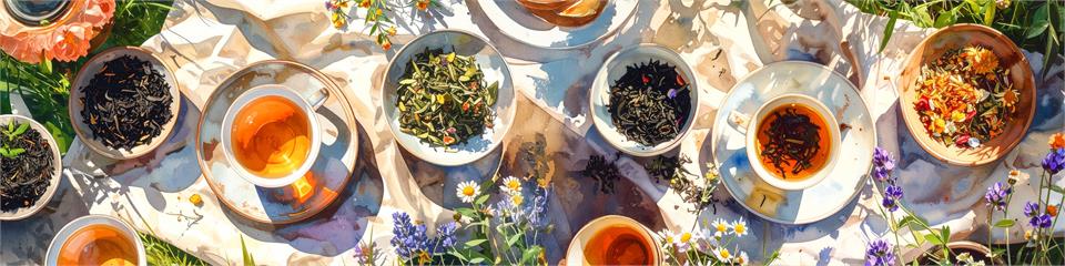 Tea cups and bowls with tea leaves on a table surrounded by flowers