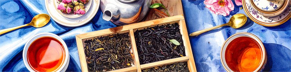 Tea tasting setup with three types of tea leaves in a wooden box, two cups of tea, and a teapot on a blue tablecloth.