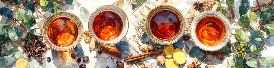 Four cups of tea arranged in a row with various herbs and spices on a textured surface.