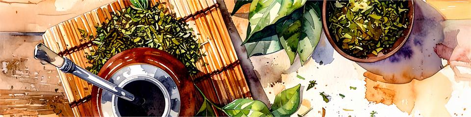 Tea-making setup with a teapot, leaves, and a cup on a wooden surface.