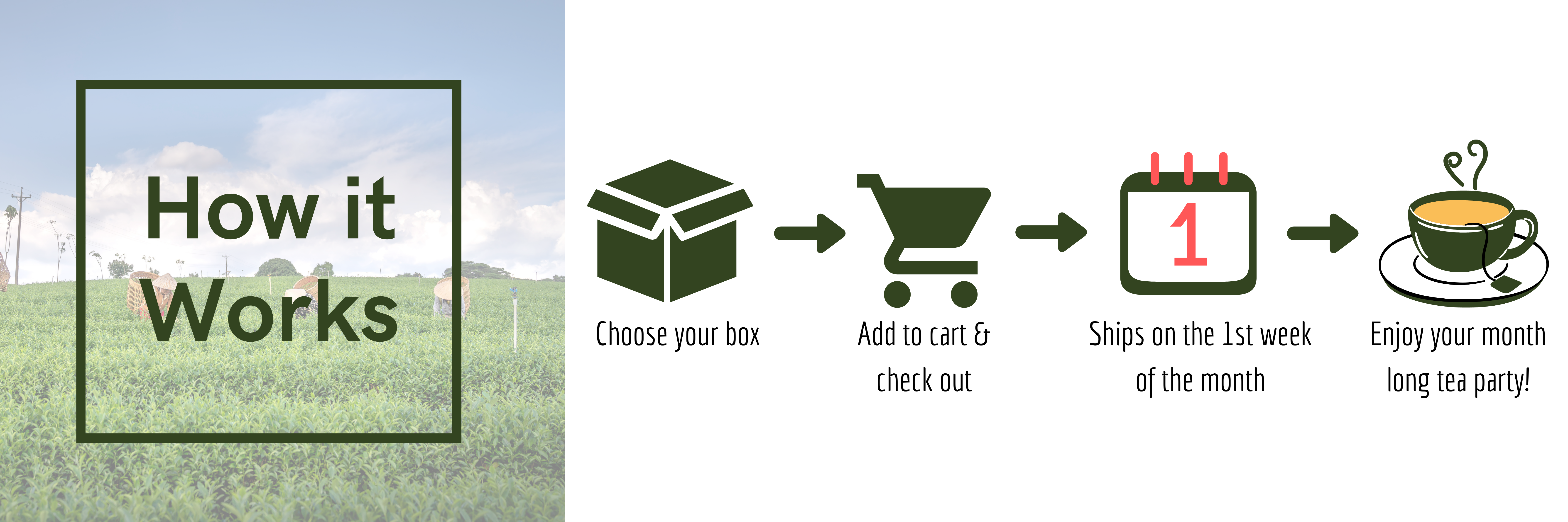 How it works? Choose your box, add to cart, ship 1st week of the month and enjoy!